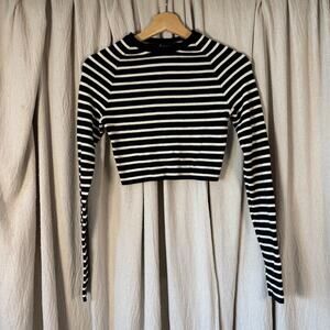 Olivaceous Black White Stripe Ribbed Crop Long Sleeve Sweater S